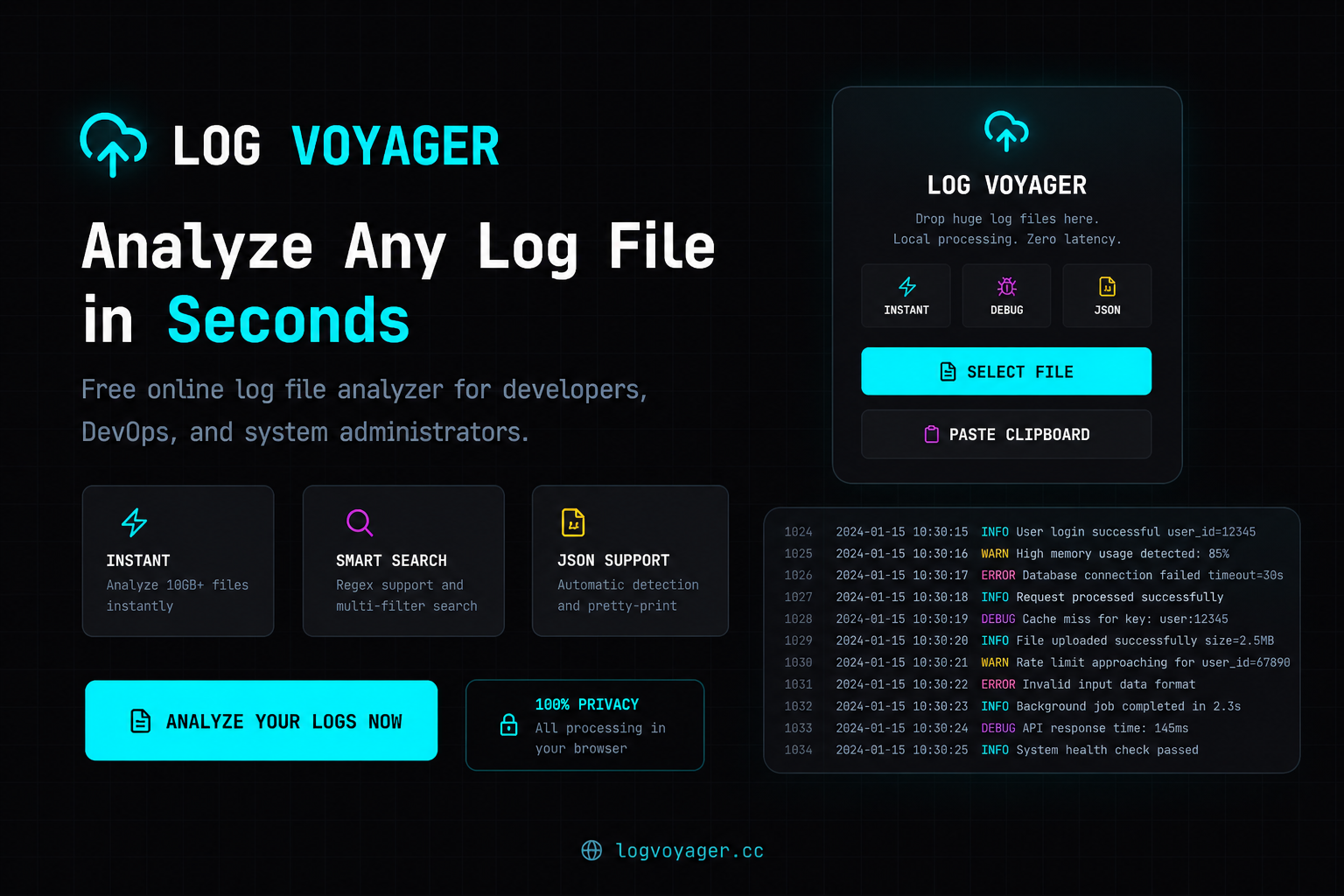 Log Voyager | Free Log File Analyzer Online — Analyze 10GB+ Logs Instantly